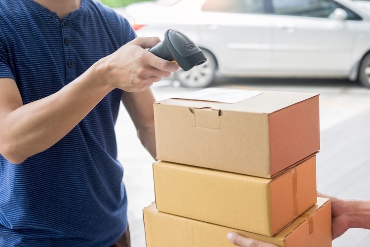 Shipment working delivery service concept, Messenger Leaving Parcel Barcode Scanning checking order to confirm before sending customer